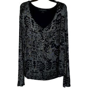 Kiara Floral Stretchy Black Gray V-Neck Travel Blouse Large